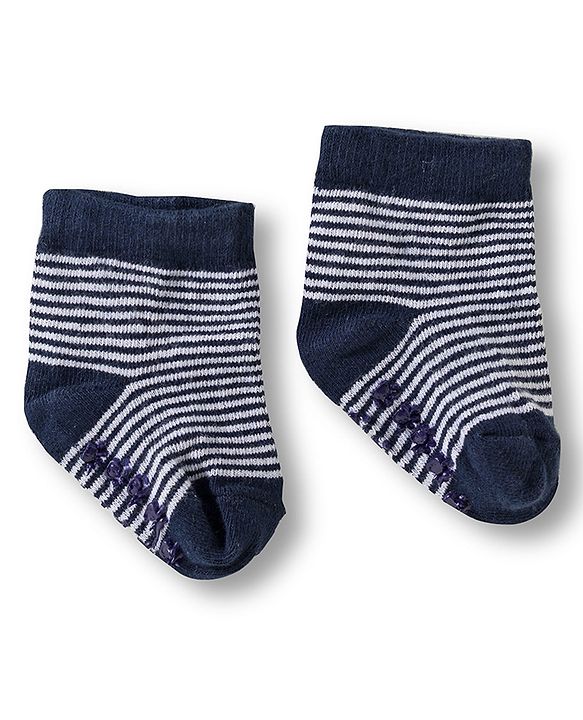 Cute Walk by Babyhug Knit Ankle Length Anti Bacterial Anti Skid Socks with Stripes & Animal Design Pack of 3 - White & Navy Blue