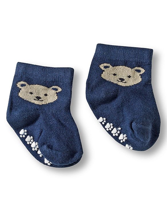 Cute Walk by Babyhug Knit Ankle Length Anti Bacterial Anti Skid Socks with Stripes & Animal Design Pack of 3 - White & Navy Blue