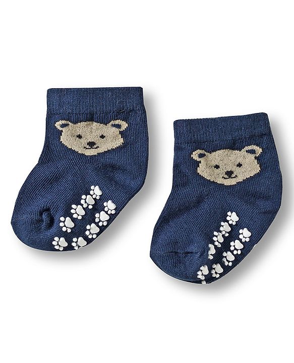 Cute Walk by Babyhug Knit Ankle Length Anti Bacterial Anti Skid Socks with Stripes & Animal Design Pack of 3 - White & Navy Blue