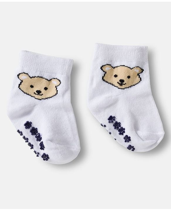 Cute Walk by Babyhug Knit Ankle Length Anti Bacterial Anti Skid Socks with Stripes & Animal Design Pack of 3 - White & Navy Blue