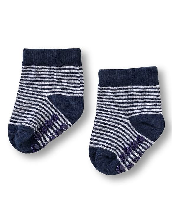 Cute Walk by Babyhug Knit Ankle Length Anti Bacterial Anti Skid Socks with Stripes & Animal Design Pack of 3 - White & Navy Blue