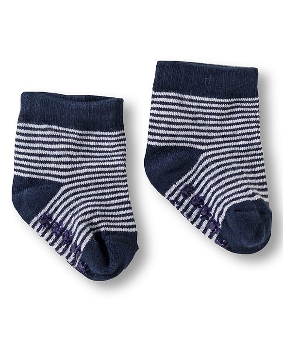Cute Walk by Babyhug Knit Ankle Length Anti Bacterial Anti Skid Socks with Stripes & Animal Design Pack of 3 - White & Navy Blue