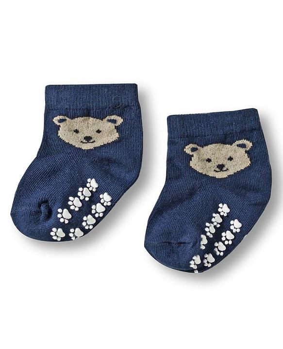 Cute Walk by Babyhug Knit Ankle Length Anti Bacterial Anti Skid Socks with Stripes & Animal Design Pack of 3 - White & Navy Blue