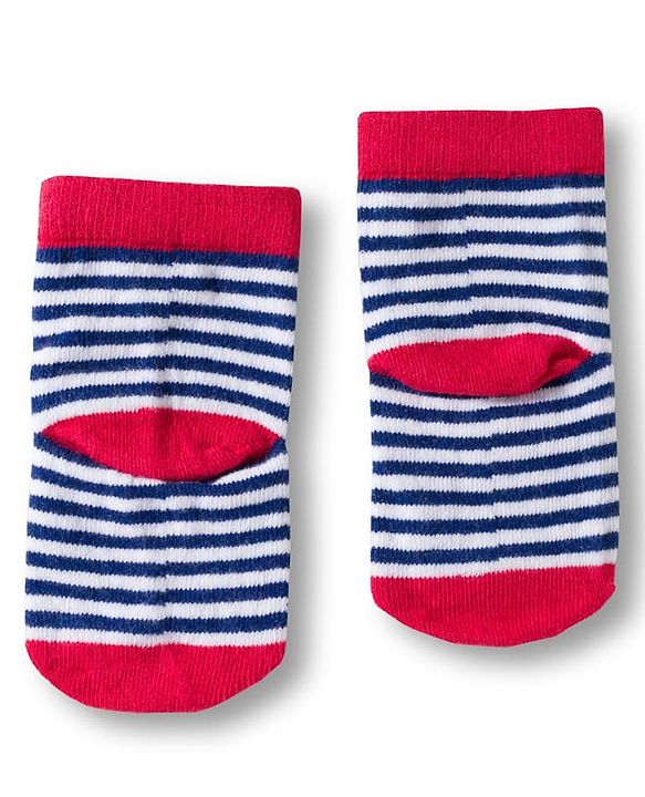 Cute Walk by Babyhug Knit Ankle Length Anti Bacterial Socks with Stripes & Animal Design Pack of 3 - Red & Navy Blue