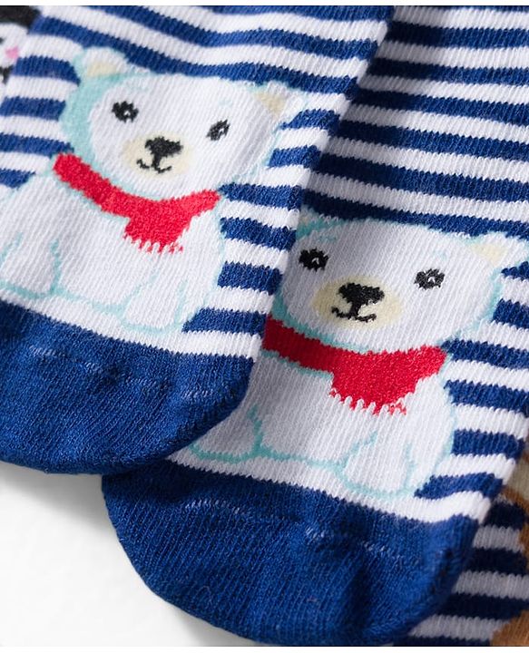 Cute Walk by Babyhug Knit Ankle Length Anti Bacterial Socks with Stripes & Animal Design Pack of 3 - Red & Navy Blue