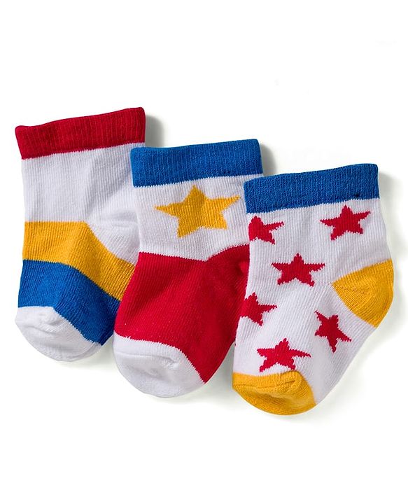 Cute Walk by Babyhug Knit Ankle Length Anti Bacterial Socks with Star & Stripe Design Pack of 3 - Red Navy Blue & White