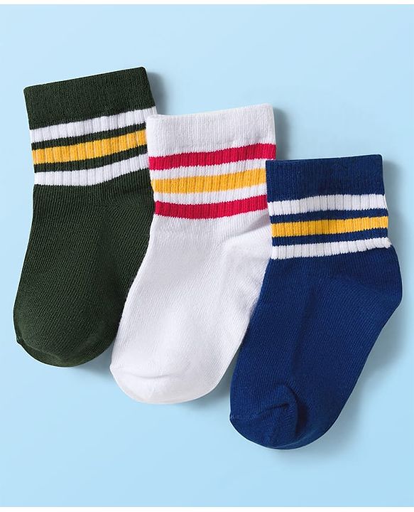 Cute Walk by Babyhug Knit Ankle Length Anti Bacterial Socks with Stripes Pack of 3 - Green White & Blue