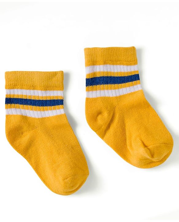 Cute Walk by Babyhug Knit Ankle Length Anti Bacterial Socks with Fun & Stripe Design Pack of 3 -Yellow  Blue & White