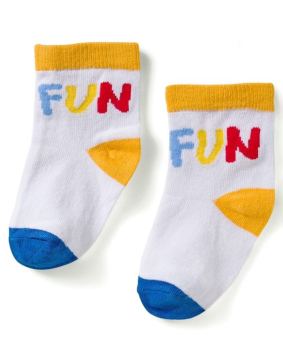 Cute Walk by Babyhug Knit Ankle Length Anti Bacterial Socks with Fun & Stripe Design Pack of 3 -Yellow  Blue & White