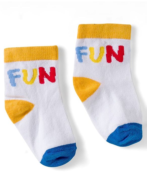 Cute Walk by Babyhug Knit Ankle Length Anti Bacterial Socks with Fun & Stripe Design Pack of 3 -Yellow  Blue & White