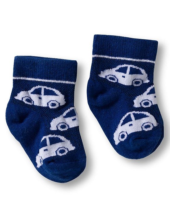 Cute Walk by Babyhug Knit Ankle Length Anti Bacterial Socks with Stripes & Vehicle Design Pack of 3 - White & Navy Blue