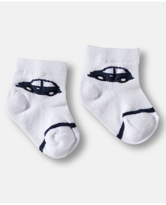 Cute Walk by Babyhug Knit Ankle Length Anti Bacterial Socks with Stripes & Vehicle Design Pack of 3 - White & Navy Blue