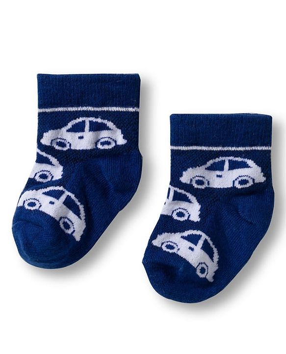 Cute Walk by Babyhug Knit Ankle Length Anti Bacterial Socks with Stripes & Vehicle Design Pack of 3 - White & Navy Blue