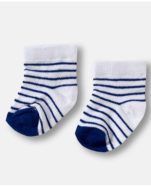 Cute Walk by Babyhug Knit Ankle Length Anti Bacterial Socks with Stripes & Vehicle Design Pack of 3 - White & Navy Blue
