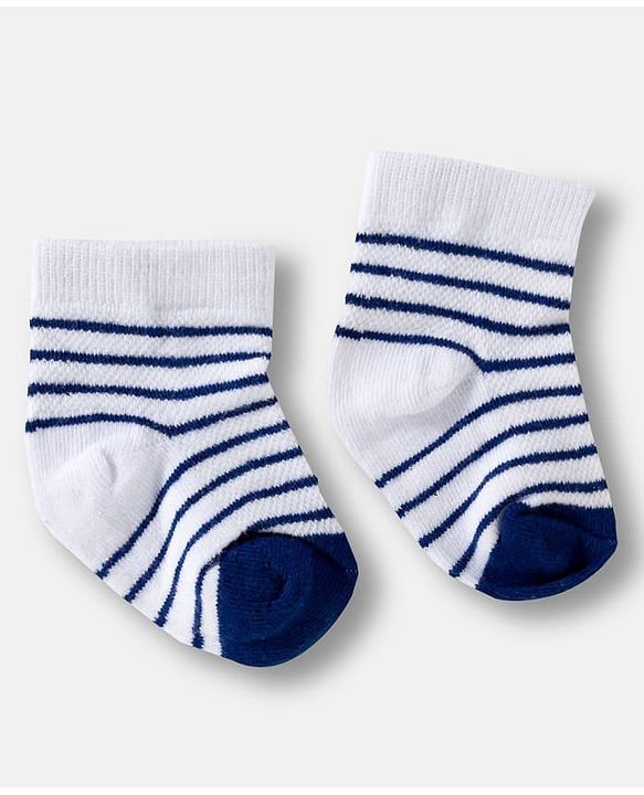 Cute Walk by Babyhug Knit Ankle Length Anti Bacterial Socks with Stripes & Vehicle Design Pack of 3 - White & Navy Blue