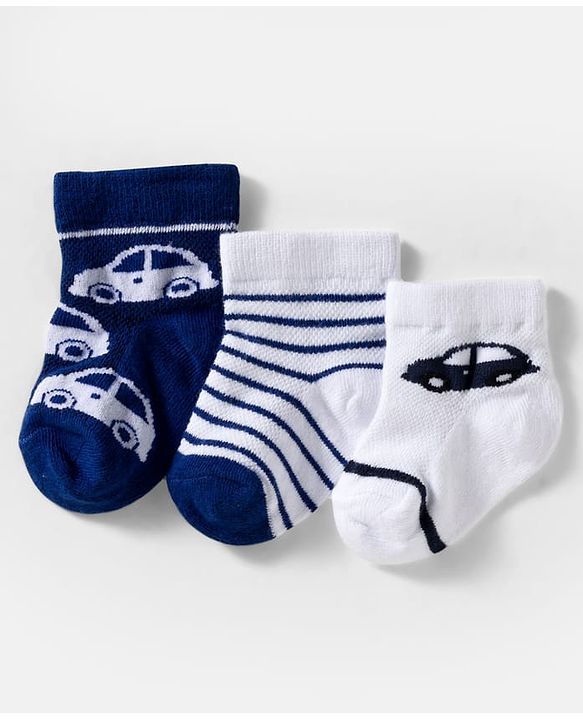 Cute Walk by Babyhug Knit Ankle Length Anti Bacterial Socks with Stripes & Vehicle Design Pack of 3 - White & Navy Blue