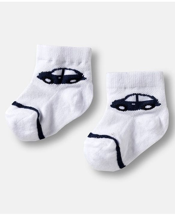 Cute Walk by Babyhug Knit Ankle Length Anti Bacterial Socks with Stripes & Vehicle Design Pack of 3 - White & Navy Blue