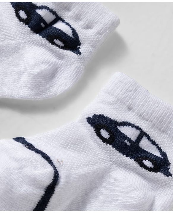 Cute Walk by Babyhug Knit Ankle Length Anti Bacterial Socks with Stripes & Vehicle Design Pack of 3 - White & Navy Blue