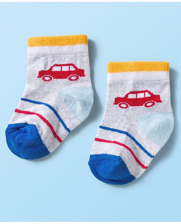 Cute Walk by Babyhug Knit Ankle Length Anti Bacterial Socks with Stripes & Car Design Pack of 3 - Multicolor
