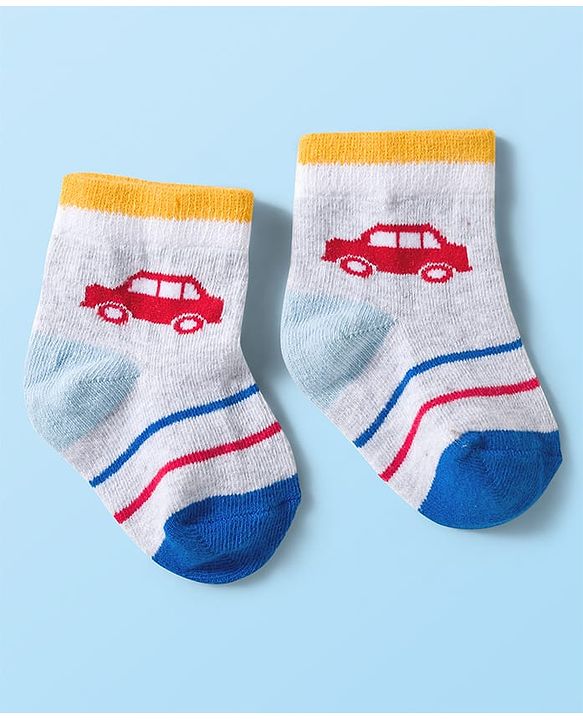 Cute Walk by Babyhug Knit Ankle Length Anti Bacterial Socks with Stripes & Car Design Pack of 3 - Multicolor