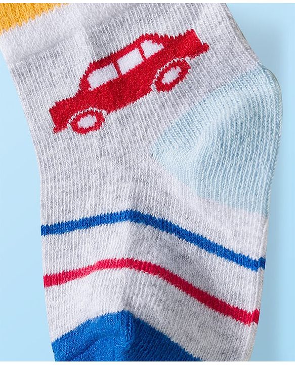Cute Walk by Babyhug Knit Ankle Length Anti Bacterial Socks with Stripes & Car Design Pack of 3 - Multicolor