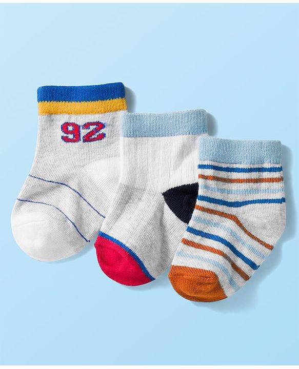 Cute Walk by Babyhug Knit Ankle Length Anti Bacterial Socks with Stripes & Text Design Pack of 3 - White & Light Blue