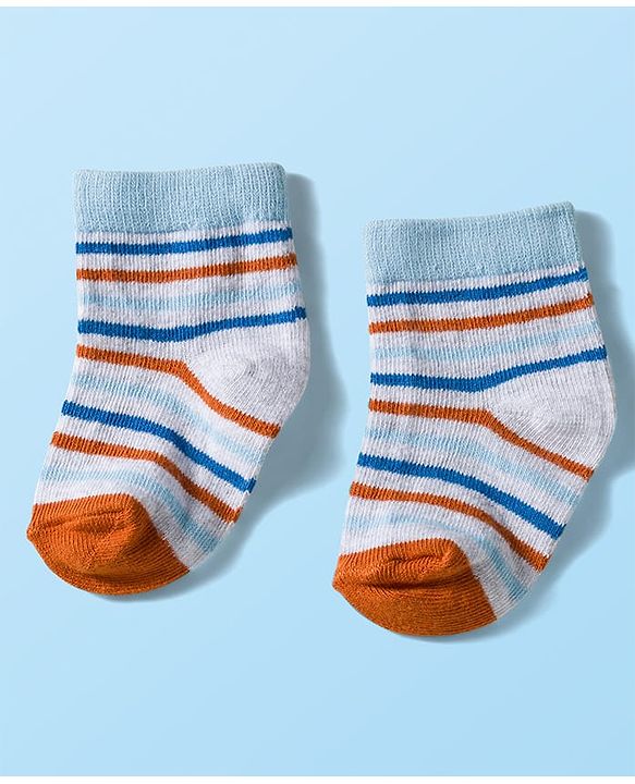 Cute Walk by Babyhug Knit Ankle Length Anti Bacterial Socks with Stripes & Text Design Pack of 3 - White & Light Blue