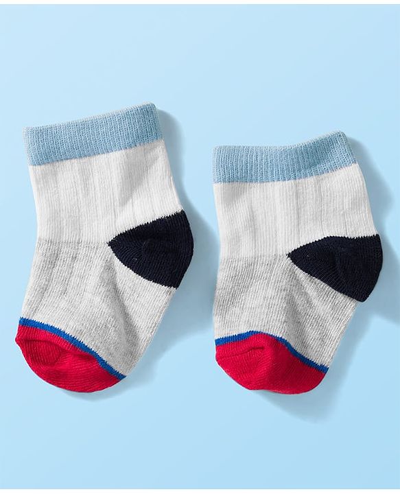 Cute Walk by Babyhug Knit Ankle Length Anti Bacterial Socks with Stripes & Text Design Pack of 3 - White & Light Blue