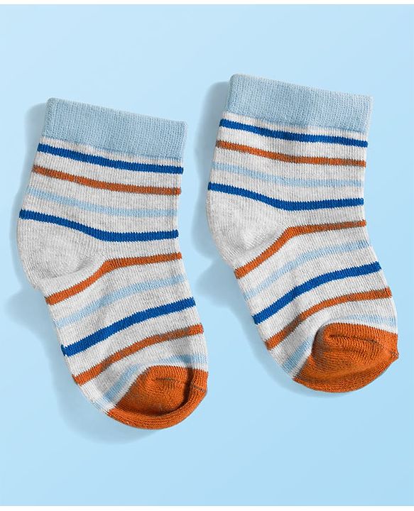 Cute Walk by Babyhug Knit Ankle Length Anti Bacterial Socks with Stripes & Text Design Pack of 3 - White & Light Blue