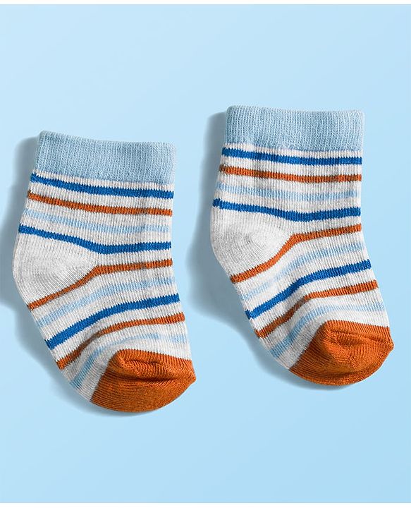 Cute Walk by Babyhug Knit Ankle Length Anti Bacterial Socks with Stripes & Text Design Pack of 3 - White & Light Blue
