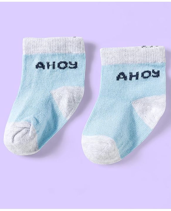 Cute Walk by Babyhug Knit Ankle Length Anti Bacterial Socks with Abstract & Ahoy Text Design Pack of 3 -Light Blue & White