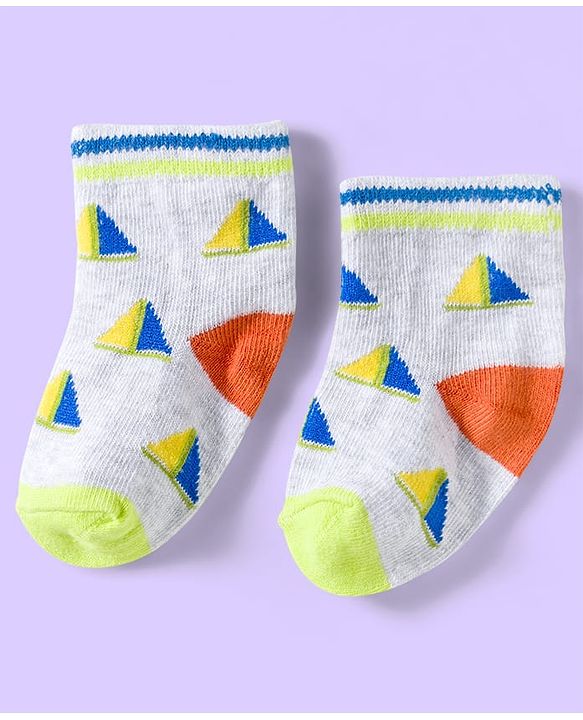 Cute Walk by Babyhug Knit Ankle Length Anti Bacterial Socks with Abstract & Ahoy Text Design Pack of 3 -Light Blue & White