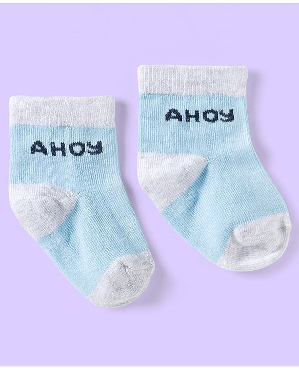 Cute Walk by Babyhug Knit Ankle Length Anti Bacterial Socks with Abstract & Ahoy Text Design Pack of 3 -Light Blue & White