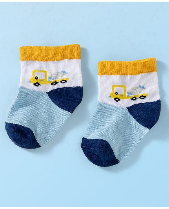 Cute Walk by Babyhug Knit Ankle Length Anti Bacterial Socks with Stripes & Vehicle Design Pack of 3 - White Navy Blue & Light Blue
