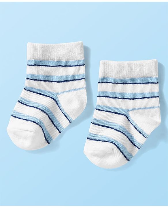 Cute Walk by Babyhug Knit Ankle Length Anti Bacterial Socks with Stripes & Vehicle Design Pack of 3 - White Navy Blue & Light Blue
