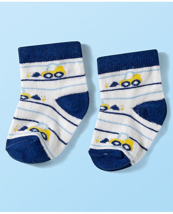 Cute Walk by Babyhug Knit Ankle Length Anti Bacterial Socks with Stripes & Vehicle Design Pack of 3 - White Navy Blue & Light Blue