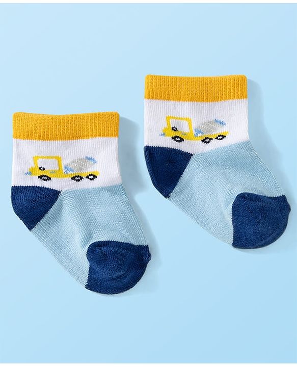 Cute Walk by Babyhug Knit Ankle Length Anti Bacterial Socks with Stripes & Vehicle Design Pack of 3 - White Navy Blue & Light Blue