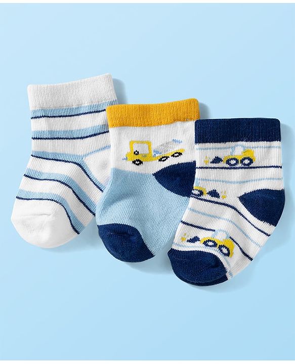 Cute Walk by Babyhug Knit Ankle Length Anti Bacterial Socks with Stripes & Vehicle Design Pack of 3 - White Navy Blue & Light Blue