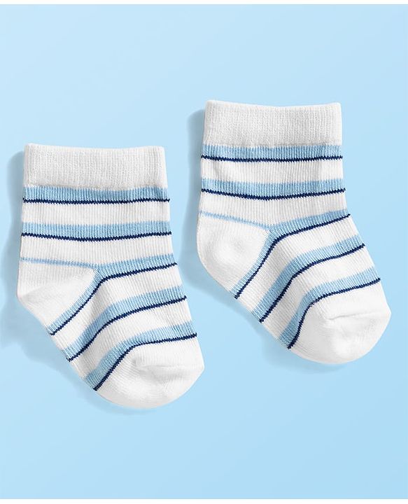 Cute Walk by Babyhug Knit Ankle Length Anti Bacterial Socks with Stripes & Vehicle Design Pack of 3 - White Navy Blue & Light Blue