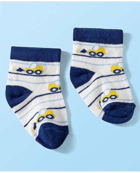 Cute Walk by Babyhug Knit Ankle Length Anti Bacterial Socks with Stripes & Vehicle Design Pack of 3 - White Navy Blue & Light Blue