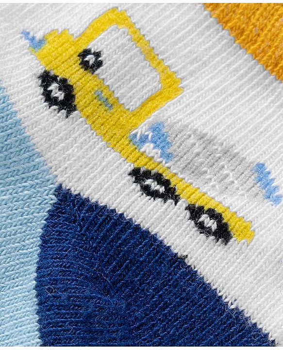 Cute Walk by Babyhug Knit Ankle Length Anti Bacterial Socks with Stripes & Vehicle Design Pack of 3 - White Navy Blue & Light Blue