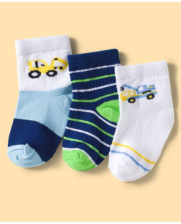 Cute Walk by Babyhug Knit Ankle Length Anti Bacterial Socks with Stripes & Vehicle Design Pack of 3 - Multicolor