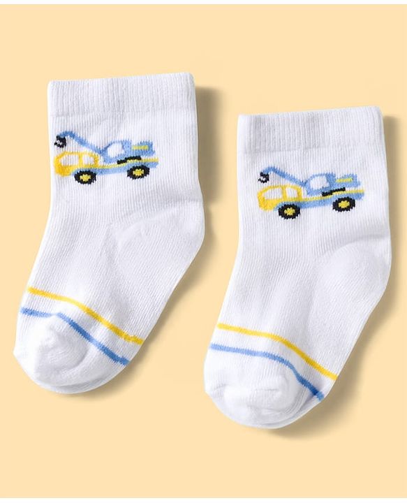 Cute Walk by Babyhug Knit Ankle Length Anti Bacterial Socks with Stripes & Vehicle Design Pack of 3 - Multicolor