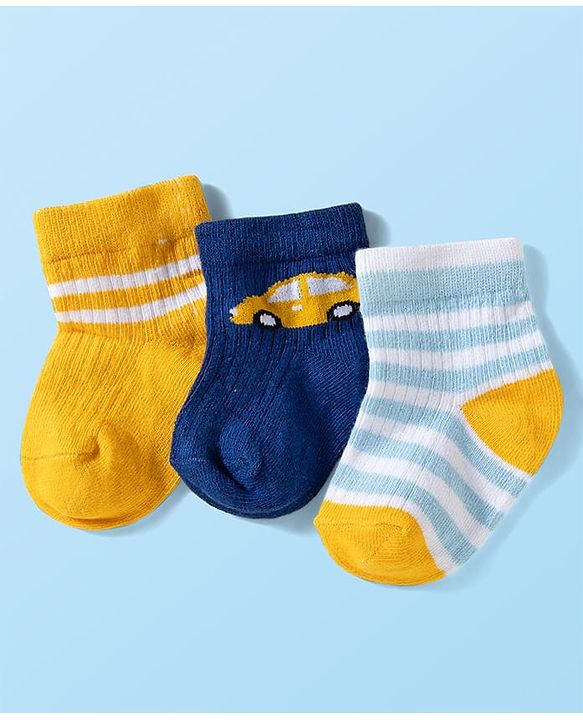 Cute Walk by Babyhug Knit Ankle Length Anti Bacterial Socks with Stripes & Vehicle Design Pack of 3 - Navy Blue & Light Blue