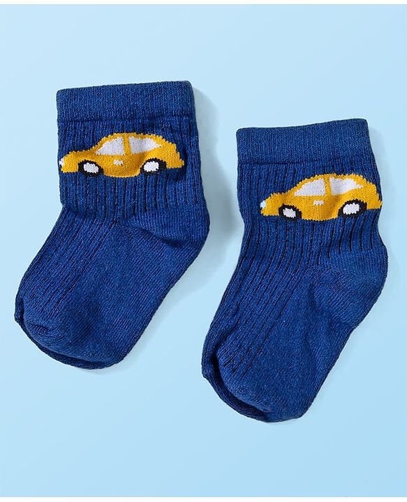 Cute Walk by Babyhug Knit Ankle Length Anti Bacterial Socks with Stripes & Vehicle Design Pack of 3 - Navy Blue & Light Blue