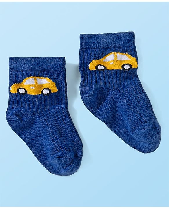 Cute Walk by Babyhug Knit Ankle Length Anti Bacterial Socks with Stripes & Vehicle Design Pack of 3 - Navy Blue & Light Blue