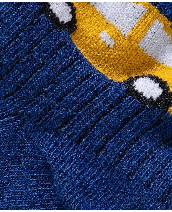 Cute Walk by Babyhug Knit Ankle Length Anti Bacterial Socks with Stripes & Vehicle Design Pack of 3 - Navy Blue & Light Blue