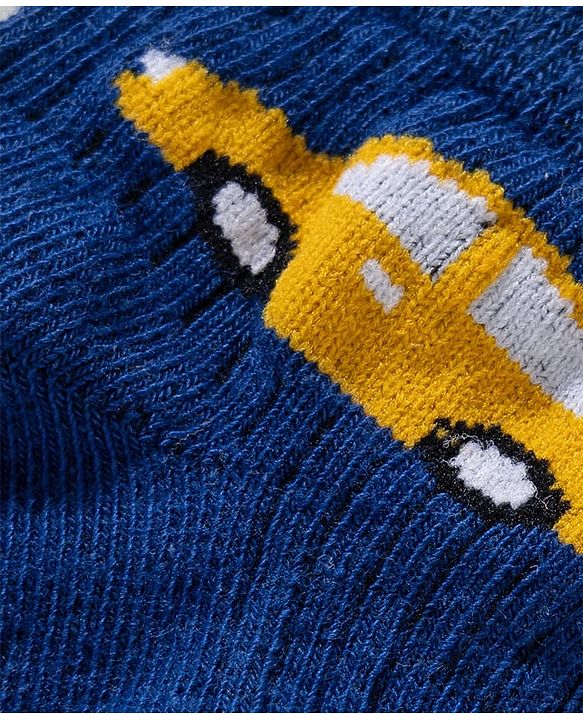 Cute Walk by Babyhug Knit Ankle Length Anti Bacterial Socks with Stripes & Vehicle Design Pack of 3 - Navy Blue & Light Blue