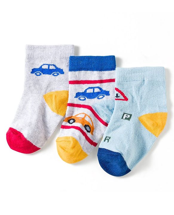 Cute Walk by Babyhug Knit Ankle Length Anti Bacterial Socks with Vehicle Design Pack of 3 - Red & Light Blue