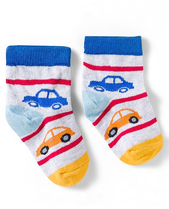 Cute Walk by Babyhug Knit Ankle Length Anti Bacterial Socks with Vehicle Design Pack of 3 - Red & Light Blue